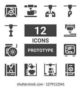prototype icon set. Collection of 12 filled prototype icons included d printer, Filament, d print, d printing