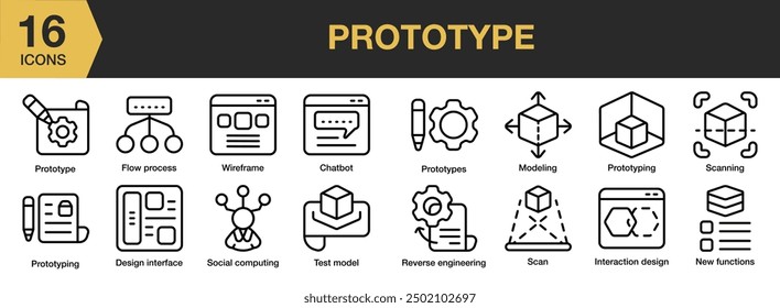 Prototype icon set. Includes chatbot, flow process, modelling, scan, test model, and More. Outline icons vector collection.