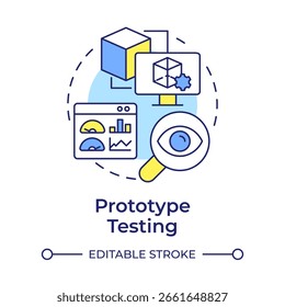 Ícone de conceito de multicor de teste de protótipo. Acessando produto. Nível de prontidão tecnológica. Fase de desenvolvimento. Ilustração de linha de forma redonda. Ideia abstrata. Design gráfico. Fácil de usar no folheto