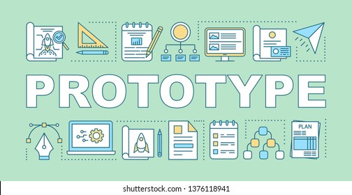 Prototype word concepts banner. Pilot project. Startup launch. Preliminary product. Presentation, website. Isolated lettering typography idea with linear icons. Vector outline illustration