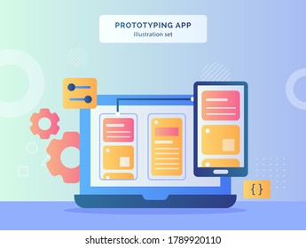 Prototyping app illustration set user interface on computer smartphone screen background of gear with flat style