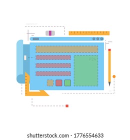 Prototyping app or internet web page. Dashed lines, windows and rectangles. Blueprints and planning documents. Pencil and ruler, interface and ui, ux planning. Web layout for page.
