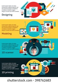 Prototyping flat horizontal banners with desining cad modeling and 3d printing icons set vector illustration