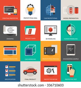Prototyping idea and cad modeling icons set isolated vector illustration