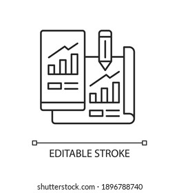 Prototyping linear icon. Mobile application development. Data research, information analysis. Thin line customizable illustration. Contour symbol. Vector isolated outline drawing. Editable stroke