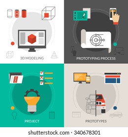 Prototyping and modeling design concept set with 3d project icons isolated vector illustration