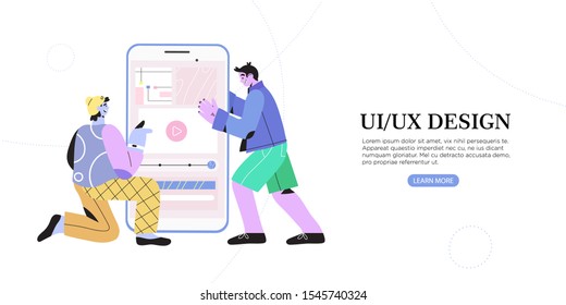 Prototyping, ui ux design. Team of designers doing research, generate ideas and testing mobile application. Development and design studio concept. Vector illustration for banners and landing pages.