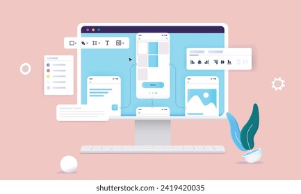 Prototyping web application - Computer screen with prototype software on screen, showing UX design work with wireframe and sketches. Semi flat vector style