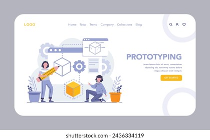 Prototyping von Web- oder Zielseiten. Designer entwickeln und verfeinern 3D-Modelle, wobei sie Kreativität und Präzision in den frühen Stadien der Produktentstehung einsetzen. Vektorgrafik.