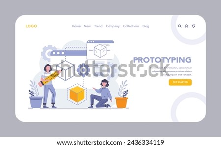 Prototyping web or landing page. Designers develop and refine 3D models, employing creativity and precision in the early stages of product creation. Vector illustration.