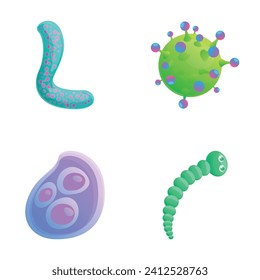 Protozoen-Symbole setzen Cartoon-Vektorgrafik. Verschiedenes Bakterienvirus und -mikrobe. Mikrobiologie-Konzept