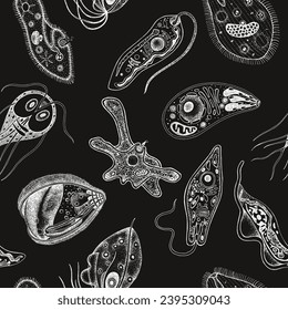 Protozoa monochrome vector seamless pattern