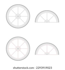 Protractor abstract icon, round 360 protractors scale and 180 degrees measure vector illustration set.