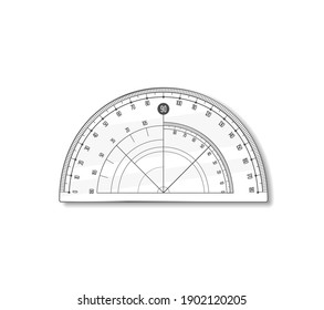 Protractor angle degree round ruler. Vector math geometry transparent, plastic school and office accessories. Radian-scale. Graphic realistic illustration