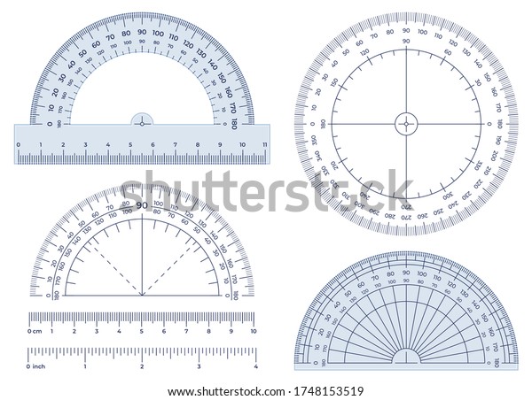 Protractor. Angles measuring\
tool, round 360 protractors scale and 180 degrees measure vector\
illustration set. Equipment protractor to angle measure, drafting\
chart