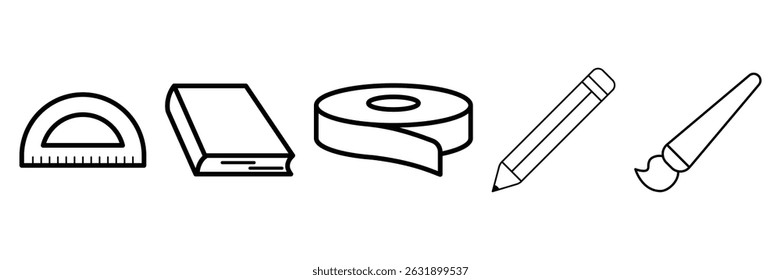 Protractor book tape pencil and brush icon set vector illustration for study drawing school education tools art geometry supplies.