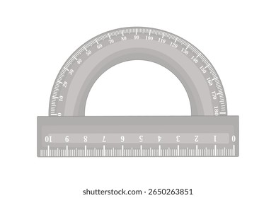 Protrator. Protrator circular com régua. Instrumento de medição. Ferramenta de design e geometria. Coisas de escola de papelaria. Educação e item escolar. Engenheiro ou arquiteto desenhando governante. Vetor