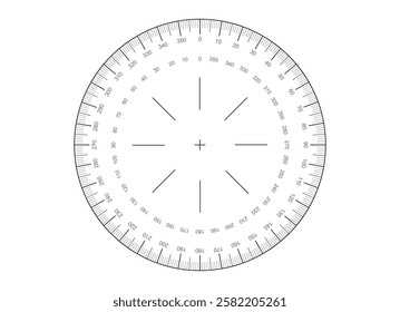 Protractor with degree markings from 0 to 360, ideal for technical drawings and geometry.