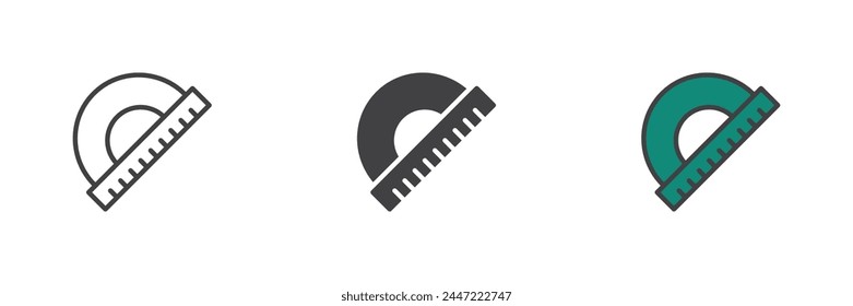 Protractor different style icon set. Line, glyph and filled outline colorful version, outline and filled vector sign. Symbol, logo illustration. Vector graphics