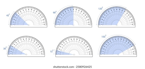 Protractor displaying various angle markings. Measuring tool with different angles marked, ideal for math and engineering