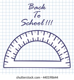 Protractor. Doodle sketch on checkered paper background. Vector illustration.