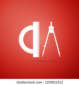 Protractor and drawing compass icon isolated on red background. Drawing professional instrument. Geometric equipment. Education sign. Flat design. Vector Illustration