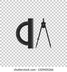 Protractor and drawing compass icon isolated on transparent background. Drawing professional instrument. Geometric equipment. Education sign. Flat design. Vector Illustration