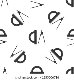 Protractor and drawing compass icon seamless pattern on white background. Drawing professional instrument. Geometric equipment. Education sign. Flat design. Vector Illustration