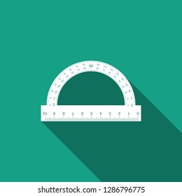 Protractor grid for measuring degrees icon isolated with long shadow. Tilt angle meter. Measuring tool. Geometric symbol. Flat design. Vector Illustration