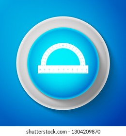 Protractor grid for measuring degrees icon isolated on blue background. Tilt angle meter. Measuring tool. Geometric symbol. Circle blue button. Vector illustration