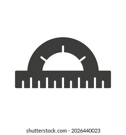 Protractor icon. Education circular ruler tool. Black silhouette. Stationery instrument. Vector isolated on white