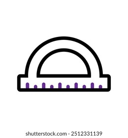 Protractor icon with purple measurements and black outline in a minimalistic style Vector illustration