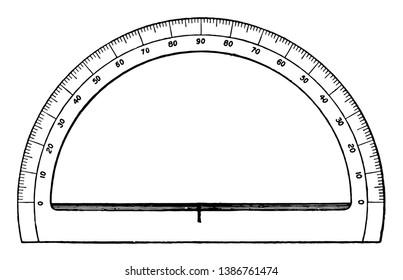El protractor es un instrumento para desprender y medir ángulos, típicamente hecho de plástico o vidrio transparente, dibujo de línea vintage o ilustración de grabado.