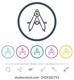 Protractor outline flat color icons in round outlines. 6 bonus icons included.