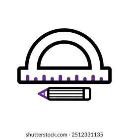 Protractor and pencil icon with purple accents and bold black outlines Vector illustration