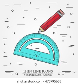 Protractor and pencil icon thin line for web and mobile, modern minimalistic flat design. Vector dark grey icon on light grey background.