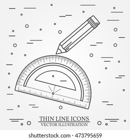 Protractor and pencil icon thin line for web and mobile, modern minimalistic flat design. Vector dark grey icon on light grey background.