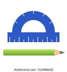 Protractor and pencil, stationery for pupils and students. School and university educational supplies. Vector illustration in flat style. Back to school concept. 