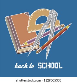 A protractor, pencils, the book on a blue background. Vector template.