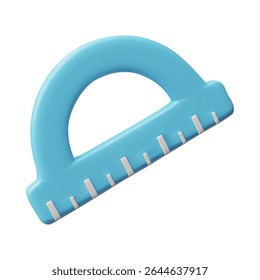 Ícone de vetor de estilo plástico 3D da régua do trator. Forma de semicírculo de instrumento de papelaria azul volumétrico de plástico para medir ângulos. Escala métrica com divisões para cálculos geométricos