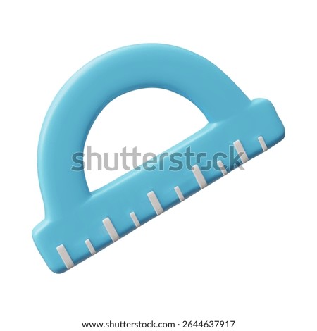 Protractor ruler 3D plastic style vector icon. Plastic volumetric blue stationery instrument tool semicircle shape for measuring angles. Metric scale with divisions for geometric calculations