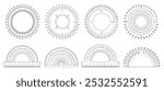 Protractor ruler. Angle measurement tool, circular scale and semicircular protractor with ruler markings. Measuring circle with 360 and 180 degree coordinates vector set.