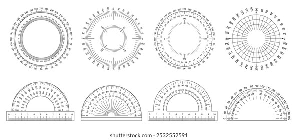 Protractor ruler. Angle measurement tool, circular scale and semicircular protractor with ruler markings. Measuring circle with 360 and 180 degree coordinates vector set.