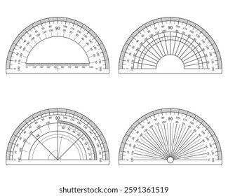 Protractor ruler. Angle measurement tool, circular scale and semicircular protractor with ruler markings.
