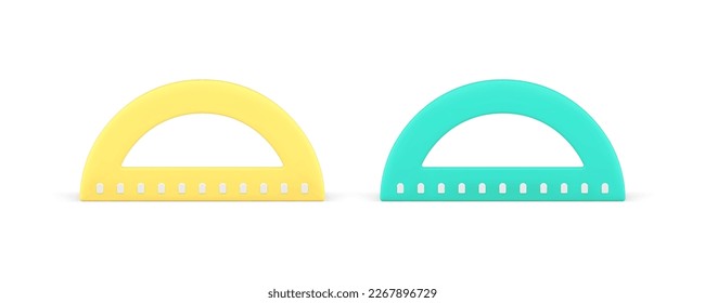 Protractor ruler angle measuring tool geometry engineering learning instrument 3d icon set realistic vector illustration. Corner gauge meter educational equipment degree direction tilt scale supplies