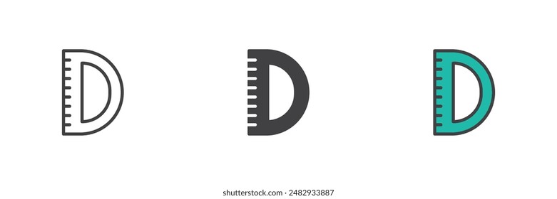 Protractor ruler different style icon set. Line, glyph and filled outline colorful version, outline and filled vector sign. Symbol, logo illustration. Vector graphics