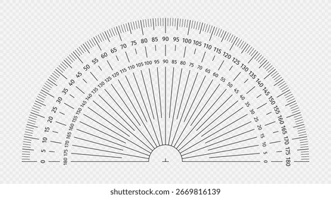Régua do trator no plano de fundo transparente. Protrator para desenho, medição de graus e ferramenta de medição de ângulo de inclinação. Régua de trator com 180 graus. Vetor