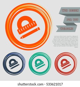 Protractor, ruler, pen icon on the red, blue, green, orange buttons for your website and design with space text. Vector illustration