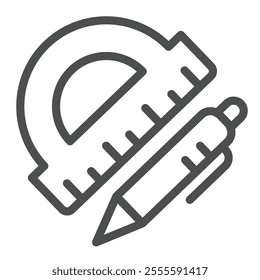 Protractor ruler and pen line icon, architect studio concept. Vector graphics. Ruler tool with pen sign on white background, outline style icon for mobile or web design