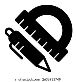 Protractor ruler and pen solid icon, architect studio concept. Vector graphics. Ruler tool with pen sign on white background, style mobile or design